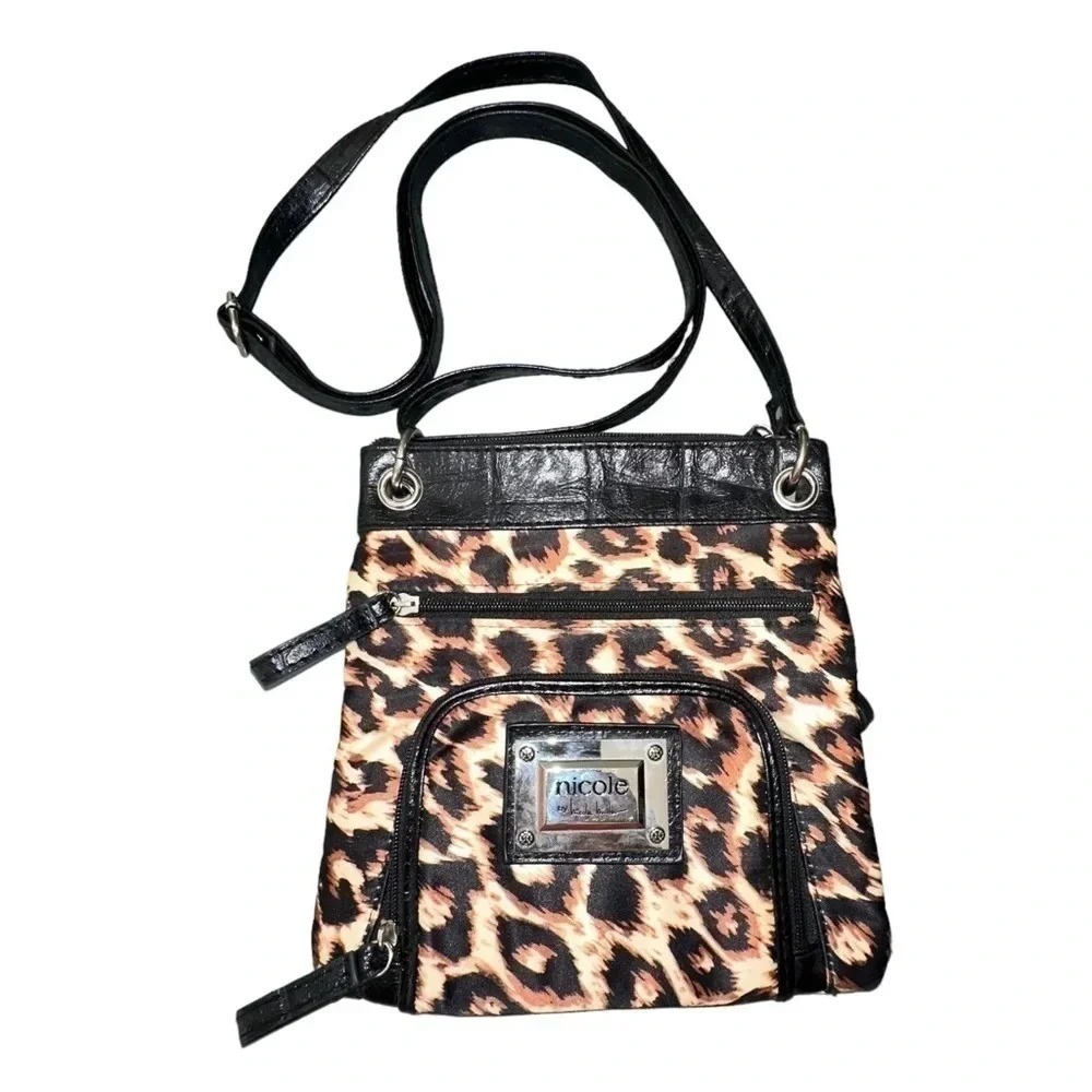 Nicole by Nicole Miller Crossbody Bag Small Brown Leopard Print Faux Croc Trim